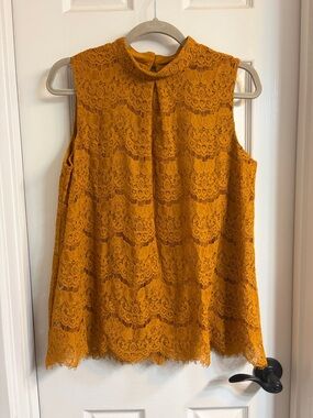 Worthington Mustard Lace Sleeveless Mock Neck Top